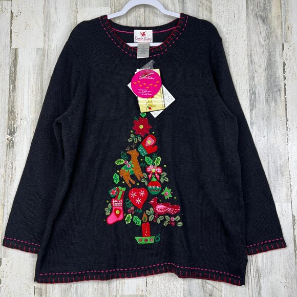 Vintage Quacker Factory Women's Sweater  1X Plus Embroidered Holiday Heart Tree - Picture 1 of 16